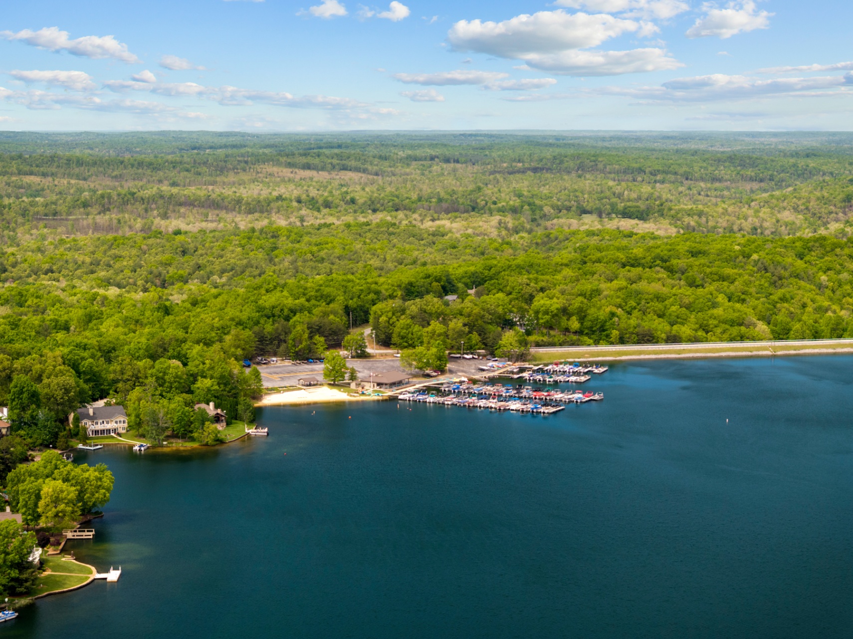 Aerial of the community marina and beach on Lake Dartmoor